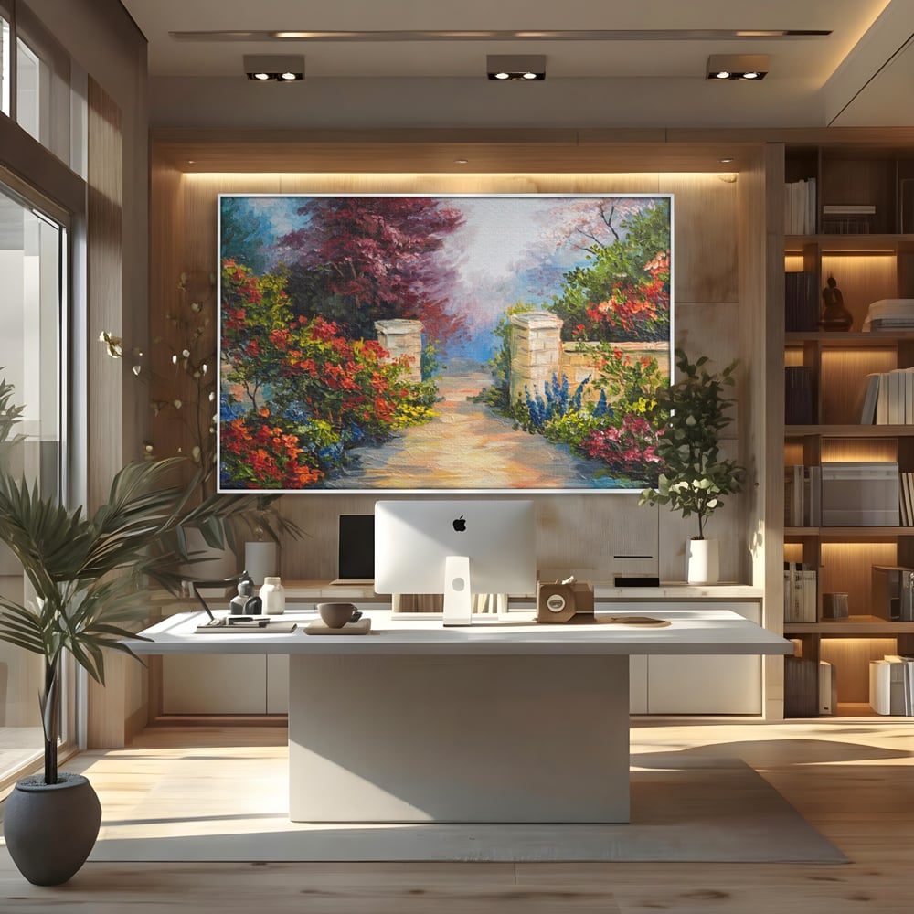 Tablou canvas cu pictura peisaj cu alee si flori, in rama de aluminiu argintiu, pe perete intr-un birou